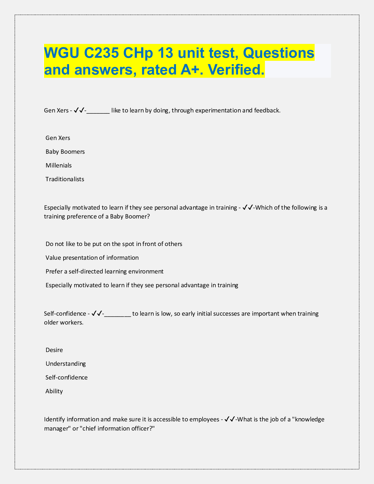 Preview of WGU C235 CHp 13 unit test, Questions  and answers, rated A+. Verified.